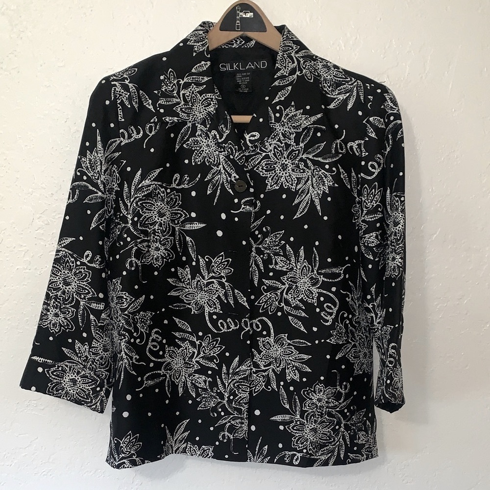 Vintage 90s SilkLand Blazer Jacket Black White Floral Silk 3/4 Sleeve 12